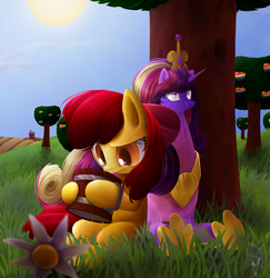 Size: 1744x1792 | Tagged: safe, artist:rouletteobsidian, apple bloom, princess cadance, alicorn, earth pony, pony, g4, apple, apple tree, cider, duo, food, grass, tree, zap apple, zap apple tree