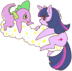 Size: 1102x1085 | Tagged: dead source, safe, artist:hoshix3, artist:ofizzy-pop, spike, twilight sparkle, dragon, pony, unicorn, g4, cloud, cute, duo, female, male, mare, on a cloud, profile, unicorn twilight