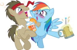 Size: 2496x1633 | Tagged: safe, artist:trotsworth, doctor whooves, rainbow dash, time turner, earth pony, pegasus, pony, g4, blushing, cider, doctor who, doctordash, drunk, drunker dash, female, male, mare, shipping, simple background, sonic screwdriver, stallion, straight, the doctor, transparent background