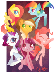 Size: 600x800 | Tagged: safe, artist:sambragg, applejack, fluttershy, pinkie pie, rainbow dash, rarity, twilight sparkle, earth pony, pegasus, pony, unicorn, g4, colored pupils, female, flying, happy, mane six, mare, open mouth, signature, smiling