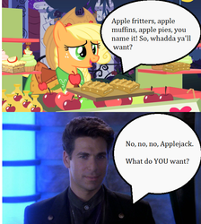 Size: 645x720 | Tagged: safe, edit, edited screencap, screencap, applejack, g4, the best night ever, apple, apple cider, apple fritter (food), babylon 5, clothes, crossover, cupcake, dress, food, gala dress, mr morden, offscreen character, this will end in tears, what do you want