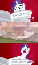 Size: 960x1620 | Tagged: safe, rarity, pony, unicorn, g4, ponyville confidential, female, foal, horn, i'll destroy her, mare, meme, newspaper, open mouth, self ponidox