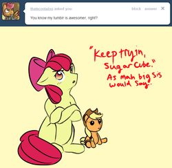 Size: 640x622 | Tagged: safe, artist:nessia, apple bloom, applejack, earth pony, pony, g4, ask, female, plushie, solo, this apple bloom, tumblr