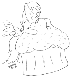 Size: 900x972 | Tagged: safe, artist:panzerschreckleopard, derpy hooves, pegasus, pony, g4, cute, eating, female, giant muffin, macro, mare, monochrome, muffin