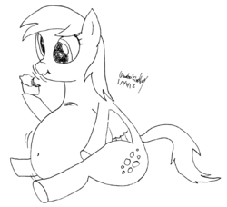 Size: 1024x932 | Tagged: safe, artist:panzerschreckleopard, derpy hooves, pegasus, pony, g4, abdominal bulge, aderpose, banana muffins, belly, belly button, fat, female, mare, muffin, stomach, stuffed, stuffing