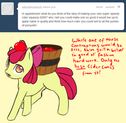 Size: 640x622 | Tagged: safe, artist:nessia, apple bloom, pony, g4, apple, ask, barrel, female, solo, this apple bloom, tumblr