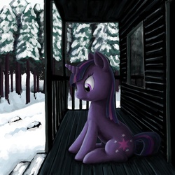 Size: 1500x1500 | Tagged: safe, artist:dahtamnay, twilight sparkle, pony, unicorn, g4, female, porch, snow, solo, tree, unicorn twilight