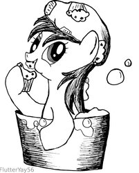 Size: 600x747 | Tagged: safe, artist:flutteryay56, derpy hooves, pegasus, pony, g4, bath, eating, female, food, hat, mare, monochrome, muffin, shower cap, solo