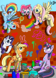 Size: 850x1175 | Tagged: safe, artist:chocolatechilla, applejack, fluttershy, pinkie pie, rainbow dash, rarity, twilight sparkle, g4, paint, paint on fur, painting