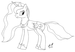 Size: 1024x716 | Tagged: safe, artist:panzerschreckleopard, princess luna, pony, g4, female, lineart, monochrome, solo