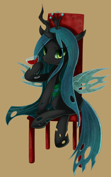 Size: 840x1340 | Tagged: safe, artist:maren, queen chrysalis, changeling, changeling queen, g4, chair, cute, cutealis, female, hoof hold, looking at you, sitting, smiling, solo, wine, wine glass