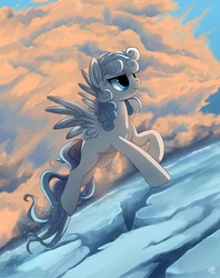 Size: 815x1030 | Tagged: dead source, safe, artist:ruhje, oc, oc only, pegasus, pony, cloud, colored wings, female, flying, gradient wings, ice, mare, signature, sky, solo, spread wings, trail, wings