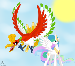 Size: 1024x896 | Tagged: safe, artist:clawzipan, princess celestia, alicorn, ho-oh, pony, g4, crossover, duo, duo focus, female, implied philomena, pokémon, sky, sun