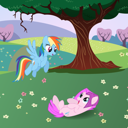 Size: 1280x1280 | Tagged: safe, artist:bc92, rainbow dash, vidala swoon, earth pony, pegasus, pony, g4, background pony, female, flying, happy, mare, on back