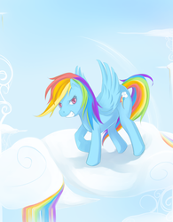 Size: 900x1152 | Tagged: safe, artist:ninnt, artist:sunstice, rainbow dash, pony, g4, cloud, female, rainbow, solo