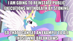 Size: 624x350 | Tagged: safe, edit, edited screencap, screencap, princess celestia, alicorn, pony, g4, caption, female, image macro, implied execution, mare, solo, text, tyrant celestia