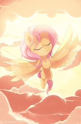 Size: 806x1225 | Tagged: safe, artist:si1vr, fluttershy, pegasus, pony, g4, bright, cloud, cloudy, crepuscular rays, enjoying, eyes closed, female, flying, mare, sky, smiling, solo, spread wings, sunlight