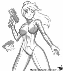 Size: 882x1000 | Tagged: source needed, safe, artist:johnjoseco, applejack, octavia melody, human, metroid (species), g4, applesamus, breasts, busty applejack, clothes, cosplay, costume, crossover, female, grayscale, humanized, metroid, monochrome, samus aran, solo, zero suit