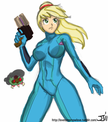 Size: 882x1000 | Tagged: safe, artist:johnjoseco, color edit, edit, applejack, octavia melody, human, metroid (species), g4, applesamus, breasts, busty applejack, clothes, colored, cosplay, costume, crossover, female, humanized, metroid, parody, samus aran, simple background, solo, zero suit