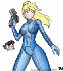 Size: 882x1000 | Tagged: safe, artist:johnjoseco, artist:michos, color edit, edit, applejack, octavia melody, human, metroid (species), g4, applesamus, breasts, busty applejack, clothes, colored, cosplay, costume, crossover, female, humanized, metroid, samus aran, simple background, solo, zero suit