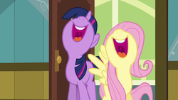 Size: 1280x720 | Tagged: safe, screencap, fluttershy, twilight sparkle, g4, read it and weep, open mouth, open smile, smiling, teeth, uvula, volumetric mouth