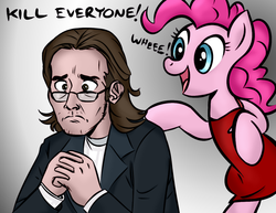 Size: 1347x1041 | Tagged: safe, artist:megasweet, artist:trelwin, pinkie pie, human, pony, g4, battlestar galactica, crossover, gaius baltar, glasses