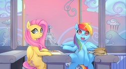 Size: 1280x701 | Tagged: safe, artist:bakki, fluttershy, rainbow dash, pegasus, pony, g4, chair, cloudsdale, duo, duo female, dusk, female, flight school, looking at you, mare, open mouth, paper, quill, rainbow waterfall, school, sitting, sky, smiling, spread wings, table, textbook, wings