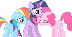 Size: 6000x3072 | Tagged: safe, artist:somepony, pinkie pie, rainbow dash, twilight sparkle, g4, lesson zero, nuzzling, simple background, transparent background, vector