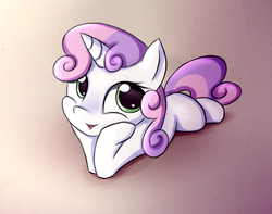 Size: 938x740 | Tagged: safe, sweetie belle, pony, unicorn, g4, cute, diasweetes, female, filly, head in hooves, looking at you, lying down, prone, solo, squishy cheeks