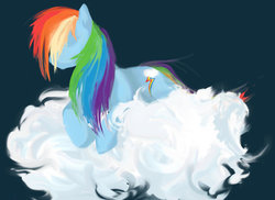 Size: 1024x745 | Tagged: safe, artist:mirumitsu, rainbow dash, pegasus, pony, g4, cloud, female, mare, no face, prone, simple background, solo