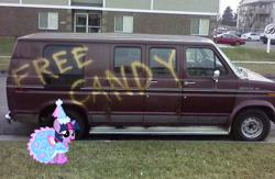 Size: 1024x666 | Tagged: safe, twilight sparkle, pony, unicorn, g4, car, clothes, dress, female, filly, filly twilight sparkle, free candy, froufrou glittery lacy outfit, graffiti, hennin, irl, oh no, photo, ponies in real life, princess, princess outfit, puffy sleeves, this will end in tears, trap (device), twilight wants to be a princess, unicorn twilight, van, young, younger