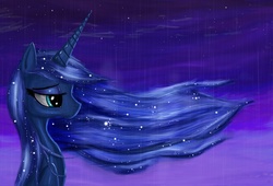 Size: 5000x3400 | Tagged: safe, artist:scutterjunk, princess luna, pony, g4, female, rain, sad, solo, stars