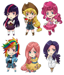 Size: 915x1071 | Tagged: safe, artist:fir3h34rt, applejack, fluttershy, pinkie pie, rainbow dash, rarity, twilight sparkle, human, g4, chibi, clothes, dress, female, humanized, mane six, simple background, skirt, transparent background