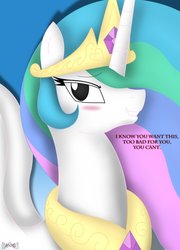 Size: 923x1280 | Tagged: safe, artist:ark9, artist:iflysna94, princess celestia, g4, blushing, lip bite, text