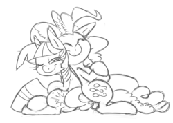 Size: 3300x2350 | Tagged: safe, artist:leadhooves, pinkie pie, twilight sparkle, g4, eyes closed, female, happy, high res, lesbian, monochrome, ship:twinkie, shipping