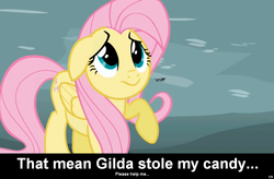 Size: 1024x672 | Tagged: safe, fluttershy, pegasus, pony, g4, bronybait, caption, cs captions, female, floppy ears, mare, sad, solo