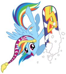 Size: 4440x4973 | Tagged: safe, artist:austiniousi, rainbow dash, pegasus, pony, g4, absurd resolution, female, hat, mare, simple background, snow, snowboard, solo, sports, transparent background