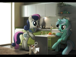 Size: 1024x768 | Tagged: safe, artist:mixermike622, bon bon, lyra heartstrings, sweetie drops, earth pony, pony, g4, cooking, irl, kitchen, photo, ponies in real life, vector, wine