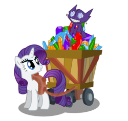 Size: 1132x1072 | Tagged: safe, artist:seaandsunshine, rarity, pony, sableye, unicorn, g4, annoyed, cart, crossover, duo, eating, female, gem, harness, mare, pokémon, simple background, tack, transparent background, vector