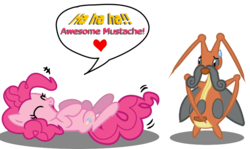 Size: 860x514 | Tagged: safe, artist:seaandsunshine, pinkie pie, earth pony, kricketune, pony, g4, crossover, duo, female, laughing, mare, moustache, on back, pokémon, simple background, transparent background, vector