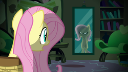 Size: 1067x600 | Tagged: safe, fluttershy, .mov, shed.mov, g4, fluttershed, mirror, murdershy, tied up