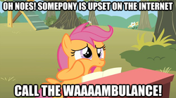 Size: 625x349 | Tagged: safe, edit, edited screencap, screencap, scootaloo, g4, the show stoppers, dialogue, image macro, reaction image, wambulance