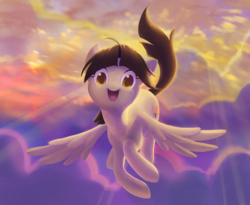 Size: 1490x1224 | Tagged: safe, artist:dawnfire, wild fire, pony, g4, :d, cloud, cloudy, colored pupils, crepuscular rays, female, flying, open mouth, raised tail, smiling, solo, spread wings, tail