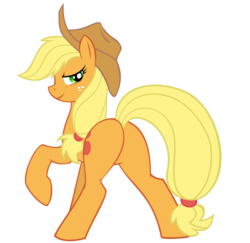 Size: 4000x3889 | Tagged: dead source, safe, artist:illuminatiums, applejack, earth pony, pony, g4, applebutt, bedroom eyes, butt, featureless crotch, female, high res, looking back, mare, plot, presenting, raised hoof, simple background, solo, stupid sexy applejack, transparent background, vector