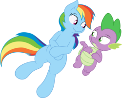 Size: 10000x8029 | Tagged: safe, artist:alexpony, artist:joey darkmeat, rainbow dash, spike, dragon, pegasus, pony, g4, .psd available, absurd resolution, cute, female, looking at each other, lying down, male, mare, ship:rainbowspike, shipping, simple background, straight, transparent background, vector