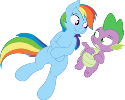 Size: 10000x8029 | Tagged: safe, artist:alexpony, artist:joey darkmeat, rainbow dash, spike, dragon, pegasus, pony, g4, .psd available, absurd resolution, age difference, cute, dashabetes, duo, duo male and female, female, looking at each other, lying down, male, mare, ship:rainbowspike, shipping, simple background, size difference, spikabetes, straight, transparent background, vector, wingless spike