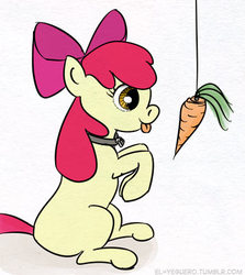 Size: 356x400 | Tagged: safe, artist:el-yeguero, apple bloom, earth pony, pony, g4, behaving like a dog, carrot, carrot on a stick, collar, pet, pony pet, tongue out