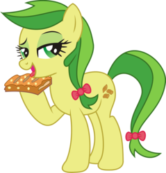 Size: 1600x1674 | Tagged: safe, artist:leopurofriki, apple fritter, earth pony, pony, g4, apple family member, apple fritter (food), bedroom eyes, female, licking, mare, simple background, solo, suggestive eating, tongue out, transparent background, vector