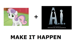 Size: 1337x796 | Tagged: safe, sweetie belle, pony, robot, robot pony, unicorn, g4, a.i. artificial intelligence, all caps, blank flank, exploitable meme, female, filly, foal, hooves, horn, make it happen, meme, meta, solo, sweetie bot, text