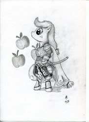 Size: 2550x3509 | Tagged: safe, artist:rameslack, applejack, earth pony, pony, pony fantasy vi, g4, apple, bipedal, cape, clothes, crossover, cyan garamonde, female, final fantasy, final fantasy vi, high res, monochrome, samurai, solo, sword, traditional art, weapon